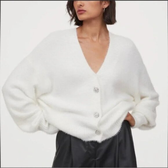 H&M Elegant White Fuzy Cardigan Sweater Diamond Rhinestone Buttons Size Medium - Picture 1 of 11
